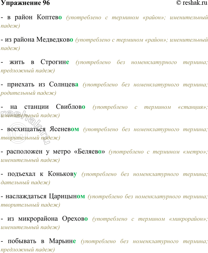 Решение задачи: 96. Спишите, вставляя правильные окончания имён существительных. В район Коптев...; из района Медведков...; жить в Строгин...; приехать из Солнцев...; на станции Свиблов...;