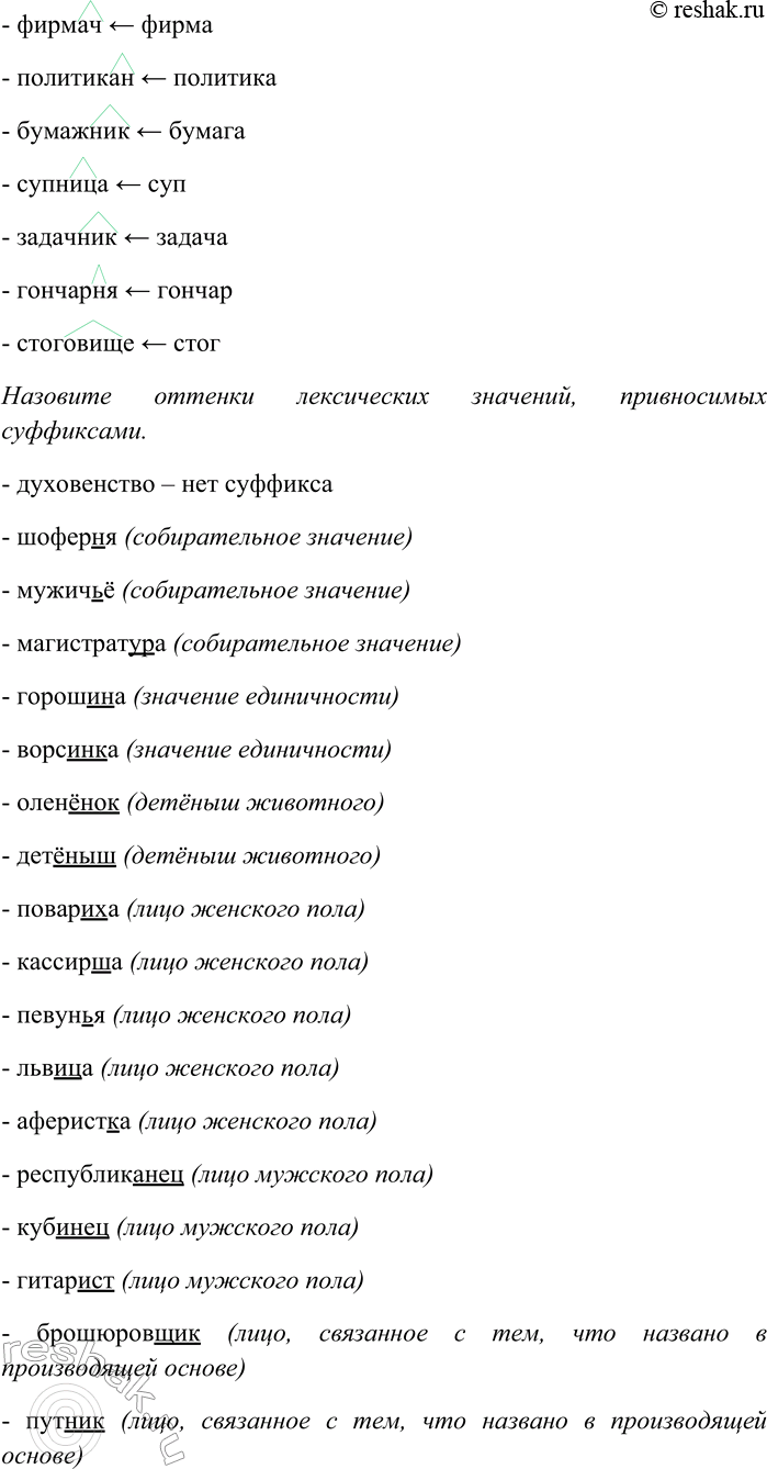 Решение задачи: 78. Выделите суффиксы имён существительных; укажите слова, от которых они образованы. Назовите оттенки лексических значений, привносимых суффиксами. Духовенство, шоферня, мужичьё, магистратура, горошина, ворсинка, оленёнок, детёныш, повариха, кассирша, певунья, львица, аферистка, республиканец, кубинец, гитарист, брошюровщик, путник, очеркист, фабрикант, лифтёр, пушкарь, шляхтич, сибиряк, северянин, фирмач, политикан, бумажник, супница, задачник, гончарня, стоговище.