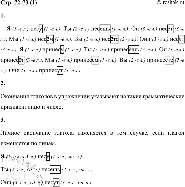 Решение задачи: Спряжение глагола 1 1. Спиши предложения. Определи лицо местоимений и глаголов. Я несу. Ты несёшь. Он несёт. Мы несём. Вы несёте.