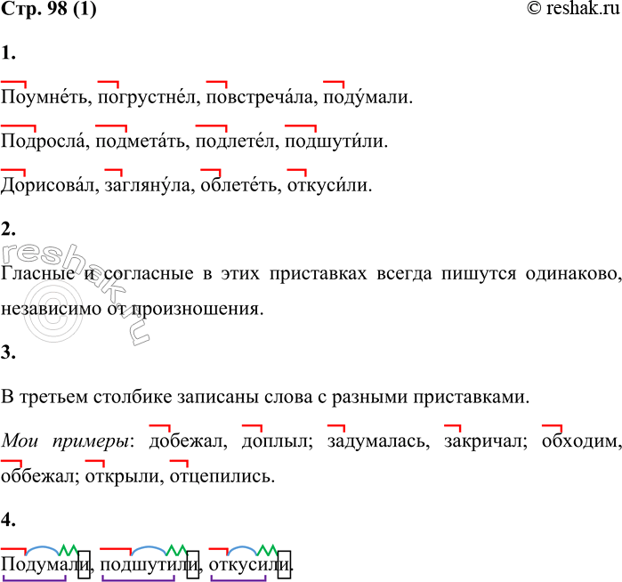Решение задачи: Правописание приставок в разных частях речи 1 1. Спиши слова, заменяя звуковую запись буквенной. Выдели приставки. Расставь ударение. [па]умнеть [па] грустнел [па] встречала [па]думали [пад] росла [пад] метать [пад] летел [пад] шутили [да] рисовал [за] глянула [аб]лететь [ат]кусили Поумнеть, погрустнел, повстречала, подумали.