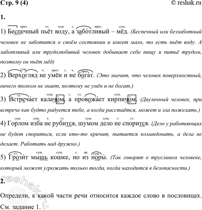 Решение задачи: 4 1. Спиши пословицы, вставляя пропущенные буквы. Поясни смысл пословиц. Обозначь орфограммы. 1) Бе...печный пьёт воду, а з...ботливый — мёд. 2) Верх...гляд не умён и не б...гат.