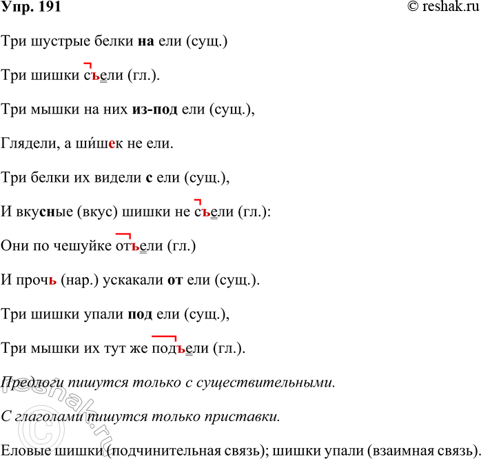 Решение задачи: 191 Прочитайте шуточное стихотворение В. Левина. Три шустрые белки (на)ели Три шишки еловые ели. Три мышки на них (из-под)ели Глядели, а шиш_к не ели.