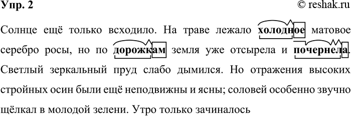 Решение задачи: 2. Спишите. Солнце ещё только всходило. На траве лежало холодное матовое серебро росы, но по дорожкам земля уже отсырела и почернела.