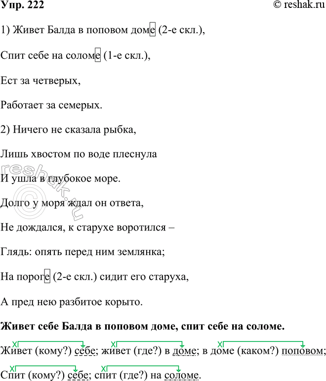 Решение задачи: 222. Запишите отрывки из сказок А. С. Пушкина, вставив пропущенные знаки препинания. 1. Живёт Балда в поповом доме Спит себе на соломе Ест за четверых Работает за семерых.