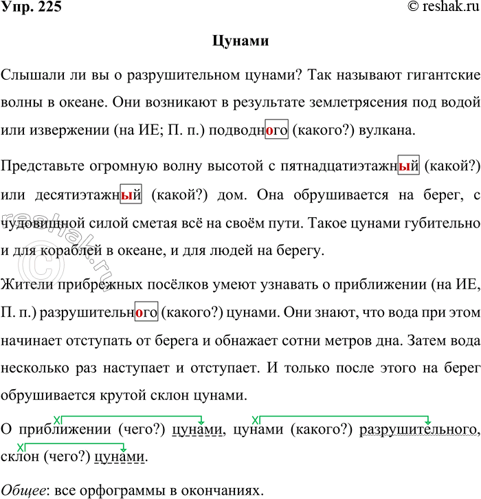 Решение задачи: 225. Спишите, вставляя пропущенные орфограммы. Цунами Слышали ли вы о разрушительном цунами? Так называют гигантские волны в океане. Они возникают в результате землетрясения под водой или при извержени_ подводно_о вулкана.