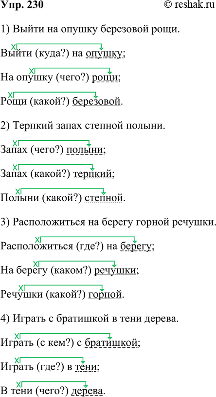 Решение задачи: 230. Выполняйте так же, как упражнение 228. 1) выйти (опушка, роща, берёзовый); 2) запах (терпкий, полынь, степной); 3) расположиться (берег, речушка, горный);