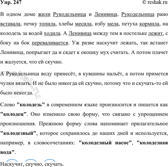 Решение задачи: 247. Запишите отрывок из сказки «Мороз Иванович», расставляя пропущенные знаки препинания. В одном доме жили Рукодельница и Ленивица. Рукодельница рано вставала печку топила хлебы месила избу мела петуха кормила на колодезь за водой ходила.