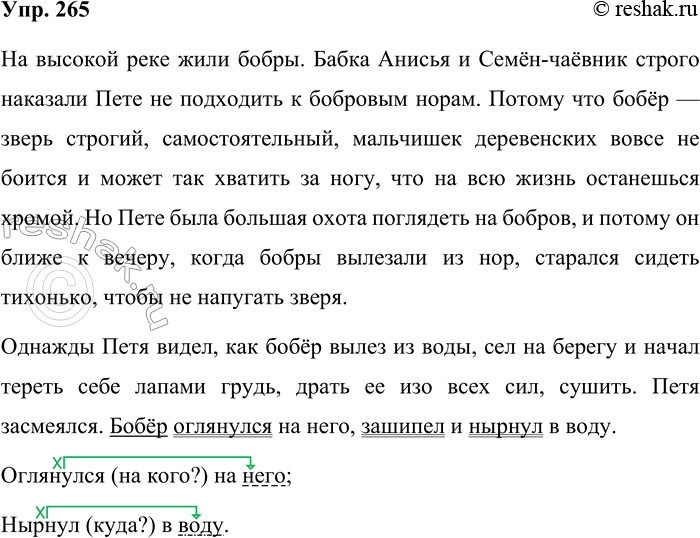 Решение задачи: 265. Спишите. На высокой реке жили бобры. Бабка Анисья и Семён-чаёвник строго наказали Пете не подходить к бобровым норам. Потому что бобёр — зверь строгий, самостоятельный, мальчишек деревенских вовсе не боится и может так хватить за ногу, что на всю жизнь останешься хромой.