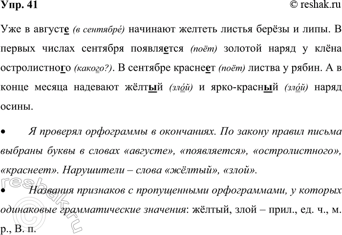 Решение задачи: 41. Спишите, проверяя орфограммы. Уже в август_ начинают желтеть листья берёзы и липы. В первых числах сентября появляется золотой наряд у клёна остролистно_о.