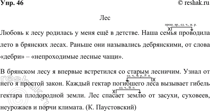 Решение задачи: 46. Спишите. Лес Любовь к лесу родилась у меня ещё в детстве. Наша семья проводила лето в брянских лесах. Раньше они назывались дебрянскими, от слова «дебри» — «непроходимые лесные чащи».