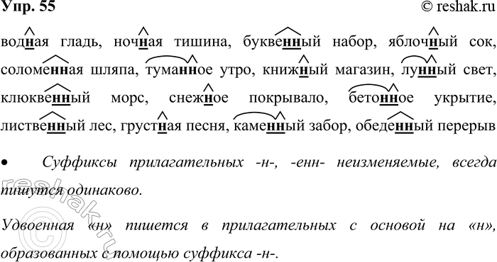 Решение задачи: 55. Образуйте от указанных слов с помощью суффиксов -н- и -енн- слова, обозначающие признаки предметов. Запишите их, подобрав к каждому подходящее по смыслу название предмета.