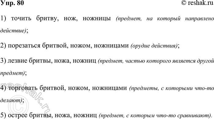 Решение задачи: 80. Свяжите слова бритва, нож, ножницы с другими словами таким образом, чтобы у этих существительных было нужное падежное значение. 1) точить ...