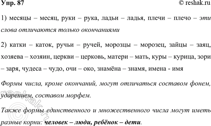 Решение задачи: 87. Образуйте форму именительного падежа единственного числа существительных. Запишите сначала существительные, формы числа которых отличаются только окончаниями, а потом — все остальные.