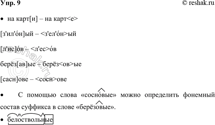 Решение задачи: 9. Прочитайте. Широко раскинулся на карт[и] нашей Родины [з’ил’он]ый океан [л’ис]ов. Плещутся в нём белоствольные берёз[ав]ые рощи, тёмные ельники, светлые [сасн]овые боры.