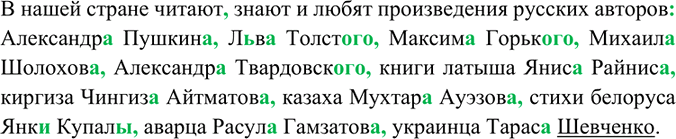 Решение задачи: Спишите, раскрывая скобки и расставляя пропущенные запятые. Укажите несклоняемые существительные. В нашей стране читают знают и любят произведения русских авторов Александра Пушкина, Льва Толстого, Максима Горького, Михаила Шолохова, Александра Твардовского;