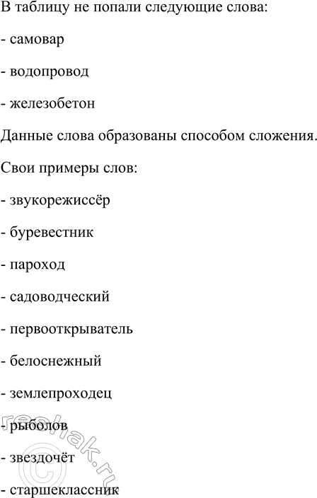 Решение задачи: 38 Определите, какими способами образованы данные слова. Запишите слова в таблицу, вставляя пропущенные буквы. Приставочный проверить Суффиксальный лесник Приставочно- суффиксальный подоконник Бессуффиксный синь Переб..жать, по..стаканник, удар, тишь, грубоватый, предобрый, з..плыв, сам..вар, бе..чувственный, лётчик, красненький, переплё..чик, преподаватель, учитель, выт..реть, вод..провод, желез..бетон, разб..жаться.