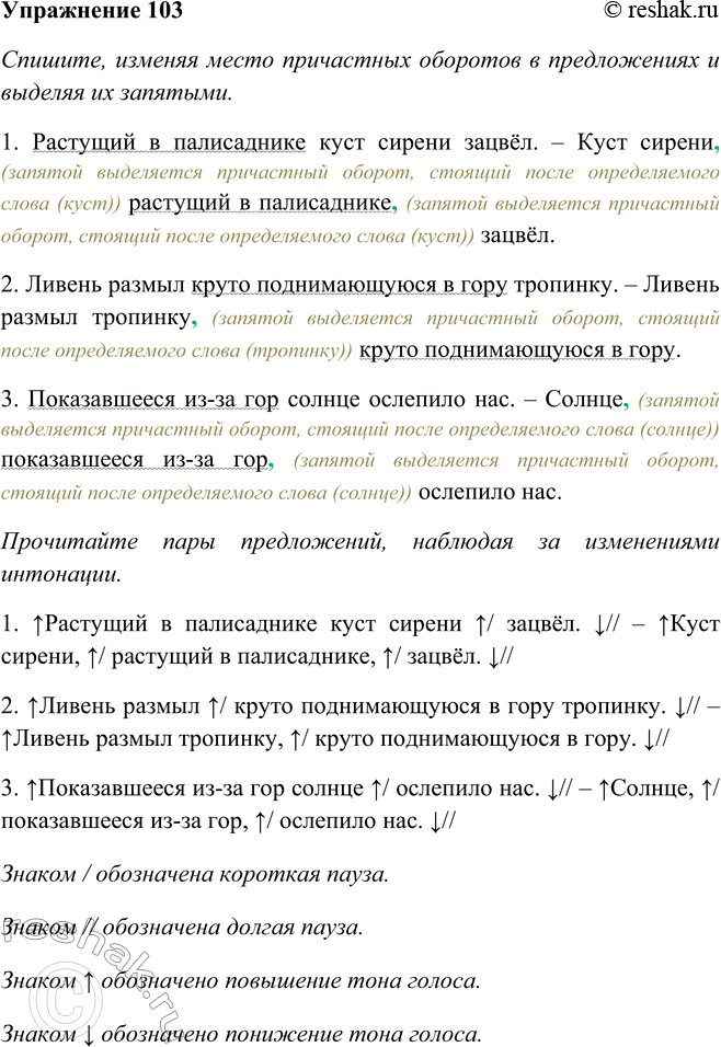 Решение задачи: 103. Спишите, изменяя место причастных оборотов в предложениях и выделяя их запятыми. Прочитайте пары предложений, наблюдая за изменениями интонации. 1. Растущий в палисаднике куст сирени зацвёл.