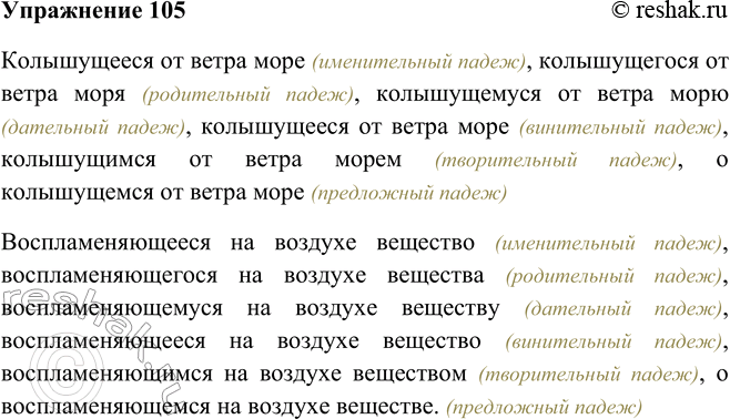 Решение задачи: 105. Подберите к причастиям зависимые слова и устно просклоняйте, чётко проговаривая, получившиеся сочетания. Колышущееся море, воспламеняющееся вещество. Колышущееся от ветра море (именительный падеж), колышущегося от ветра моря (родительный падеж), колышущемуся от ветра морю (дательный падеж), колышущееся от ветра море (винительный падеж), колышущимся от ветра морем (творительный падеж), о колышущемся от ветра море (предложный падеж) Воспламеняющееся на воздухе вещество (именительный падеж), воспламеняющегося на воздухе вещества (родительный падеж), воспламеняющемуся на воздухе веществу (дательный падеж), воспламеняющееся на воздухе вещество (винительный падеж), воспламеняющимся на воздухе веществом (творительный падеж), о воспламеняющемся на воздухе веществе.
