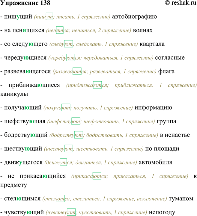 Решение задачи: 138. Подготовьтесь писать под диктовку. Обозначьте орфограм-мы в суффиксах причастий. Организуйте взаимопроверку и выполните работу над ошибками, используя памятку 4. Пишущий автобиографию, на пенящихся волнах, со следующего квартала, чередующиеся согласные, развевающегося флага, приближающиеся каникулы, получающий информацию, шефствующая группа, бодрствующий в ненастье, шествующий по площади, движущегося автомобиля, не прикасающийся к предмету, стелющимся туманом, чувствующий непогоду.