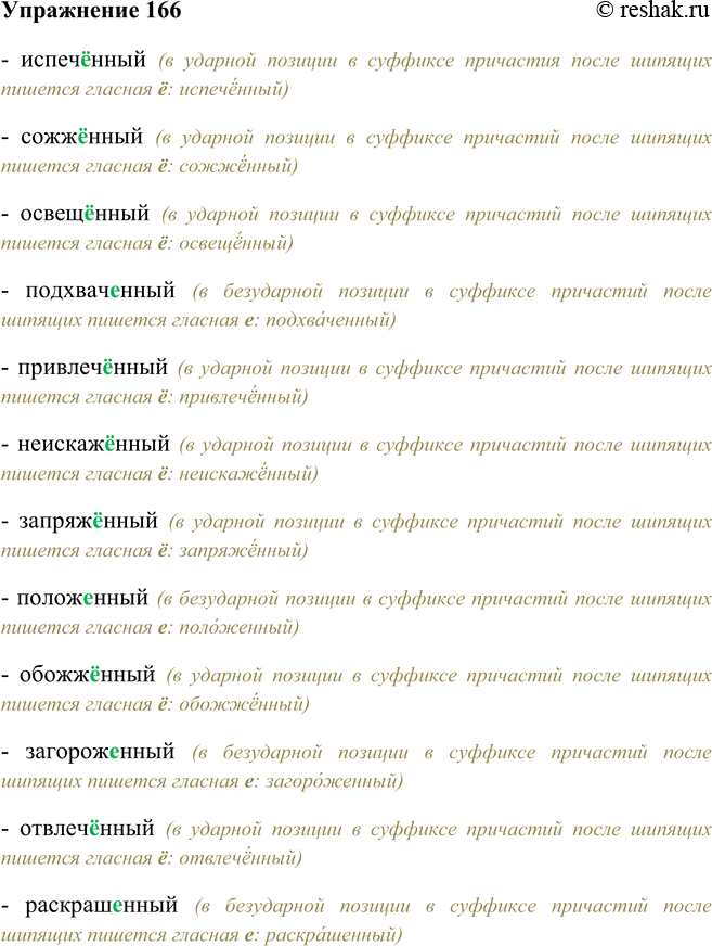 Решение задачи: 166. Спишите, объясняя написание гласных в суффиксах причастий. Обозначьте орфограмму. Организуйте взаимопроверку работ. Испеченный, сожж..нный, освещенный, подхваченный, привлеченный, неискаженный, запряж..нный, полож..нный, обожж..нный, загороженный, отвле-Ч..ННЫЙ, раскрашенный.