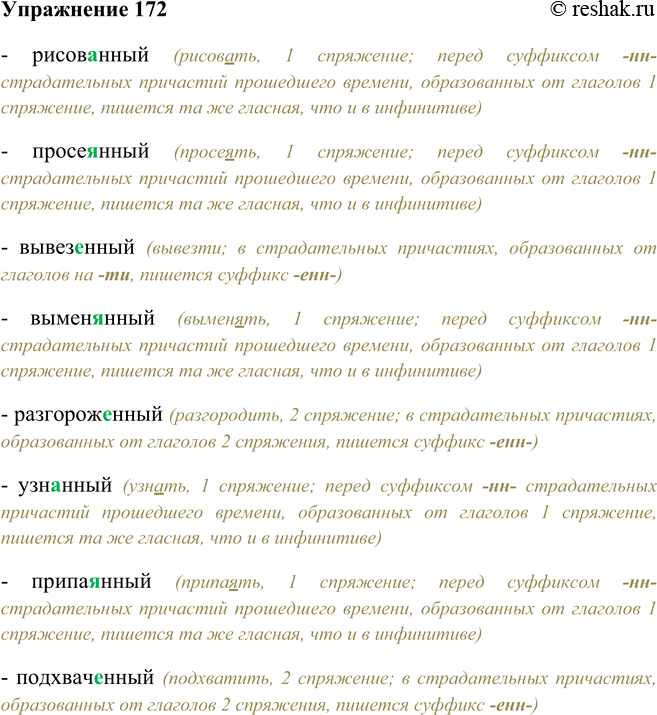 Решение задачи: 172. Спишите, объясняя выбор гласных в причастиях. Рисованный, просеянный, вывезенный, выменинный, разгороженный, узнанный, припаянный, подхваченный, развеянный, затеянный, вывалинный, положенный, причисленный, взлелеянный, возглавленный, высеребрянный, вывороченный, брошенный.