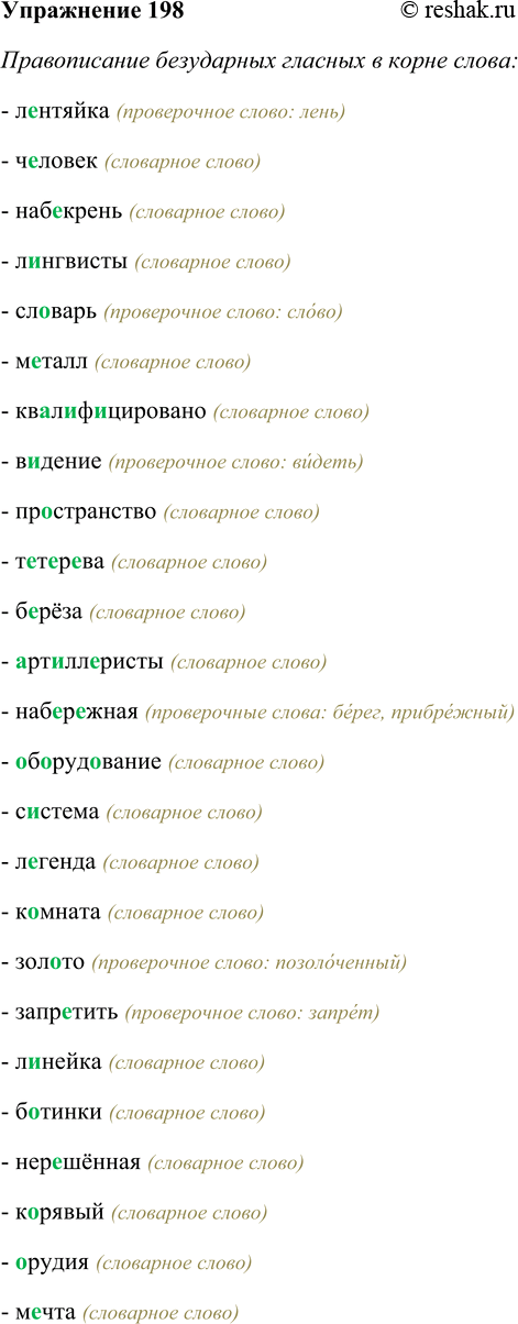 Решение задачи: 198. Составьте словарный диктант на тему «Правописание безударных гласных в корне», используя материал упражнений этого параграфа (подберите не менее 20 слов).