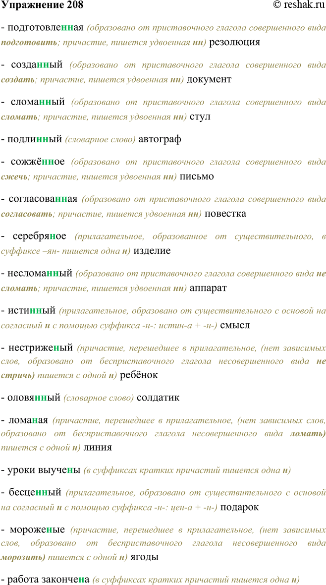Решение задачи: 208. Запишите в таблицу прилагательные и причастия, выбирая н и нн в них. Прилагательные образованные от существительных образованные от причастий Причастия полные краткие Подготовленная резолюция, создан(?)ый документ, сломан(?)ый стул, подлин(?)ый автограф, сожжён(?)ое письмо, согласованная повестка, серебрян(?)ое изделие, несломан(?)ый аппарат, истин(?)ый смысл, нестрижен(?)ый ребёнок, оловян(?)ый солдатик, ломан(?)ая линия, уроки выучен(?)ы, бесден(?)ый подарок, морожен(?)ые ягоды, работа законченна, некрашен(?)ый забор, повторённое правило, собрание не проведен(?)о, камен(?)ый парапет, кипячён(?)ая вода, юн(?)ый возраст.