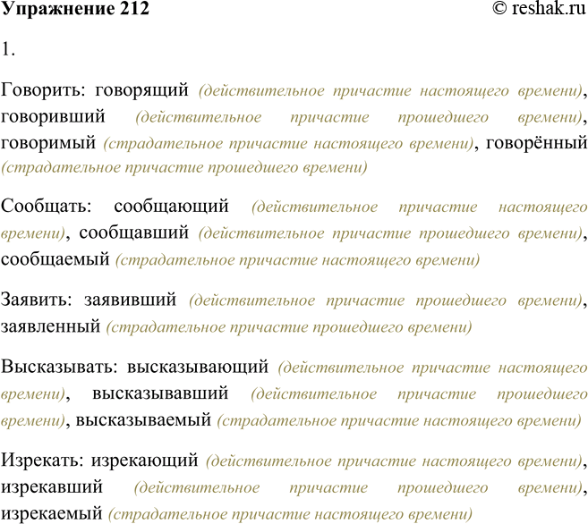 Решение задачи: 212. 1. Образуйте от синонимичных глаголов причастия. Говорить, сообщать, заявить, высказывать, изрекать. Говорить: говорящий (действительное причастие настоящего времени), говоривший (действительное причастие прошедшего времени), говоримый (страдательное причастие настоящего времени), говорённый (страдательное причастие прошедшего времени) Сообщать: