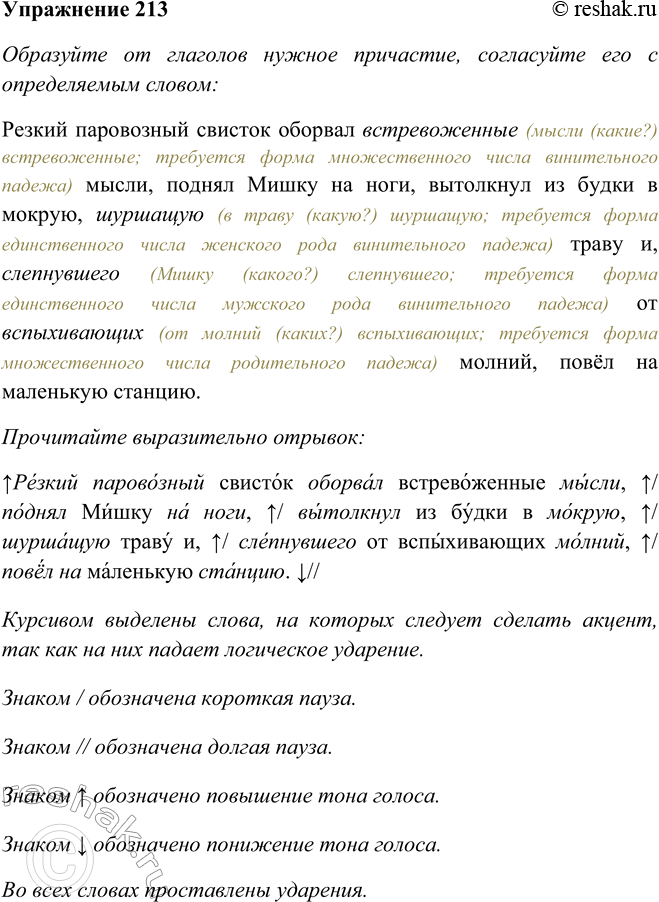 Решение задачи: 213. Образуйте от глаголов нужное причастие, согласуйте его с определяемым словом. Прочитайте выразительно отрывок. Резкий паровозный свисток оборвал (встревожить) мысли, поднял Мишку на ноги, вытолкнул из будки в мокрую, (шуршать) траву и, (слепнуть) от (вспыхивать) молний, повёл на маленькую станцию.