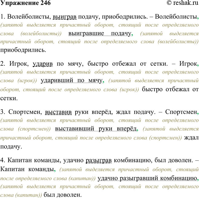 Решение задачи: 246. Замените в предложениях деепричастия причастиями. Запишите полученные предложения, применяя правило выделения причастного оборота на письме. 1. Волейболисты, выиграв подачу, приободрились.
