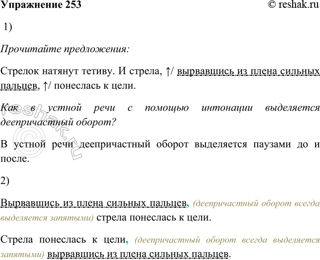 Решение задачи: 253. 1. Прочитайте предложения. Как в устной речи с помощью интонации выделяется деепричастный оборот? Стрелок натянул тетиву. И стрела, вырвавшись из плена сильных пальцев, понеслась к цели.