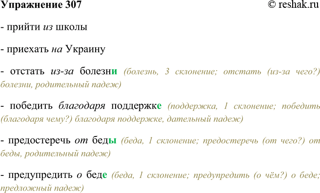 Решение задачи: 307. Восстановите подчинительные словосочетания, выбрав предлог и окончание из скобок. Прийти (из, со) школы; приехать (на, в) Украину; отстать (благодаря, из-за, вследствие) болезн(и, е), победить (благодаря, из-за, вследствие) поддержк(и, е);