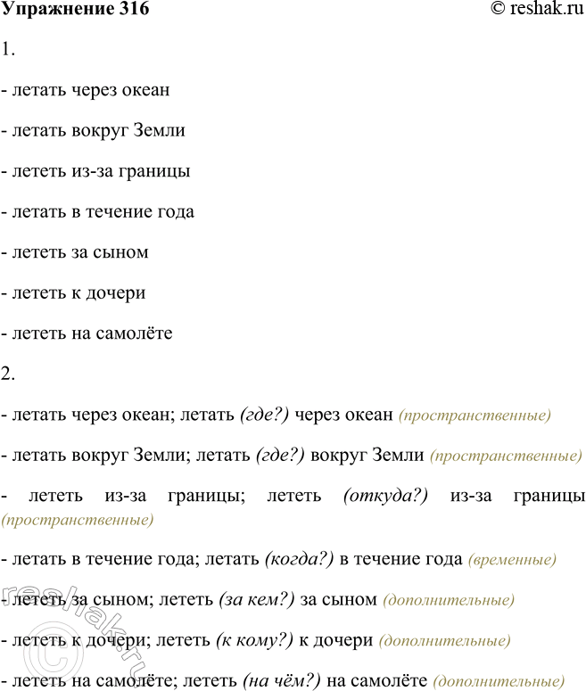 Решение задачи: 316. 1. Составьте и запишите словосочетания с глаголом летать {лететь) и данными ниже предложно-падежными формами имён существительных. - летать через океан - летать вокруг Земли - лететь из-за границы - летать в течение года - лететь за сыном - лететь к дочери - лететь на самолёте 2.