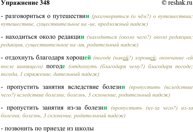 Решение задачи: 348. Запишите словосочетания, выбрав из скобок подходящие производные предлоги. Разговориться (о, насчёт) путешестви..; находиться (вблизи, около) редакци..; отдохнуть (из-за, благодаря, вследствие) хорош., погод..;