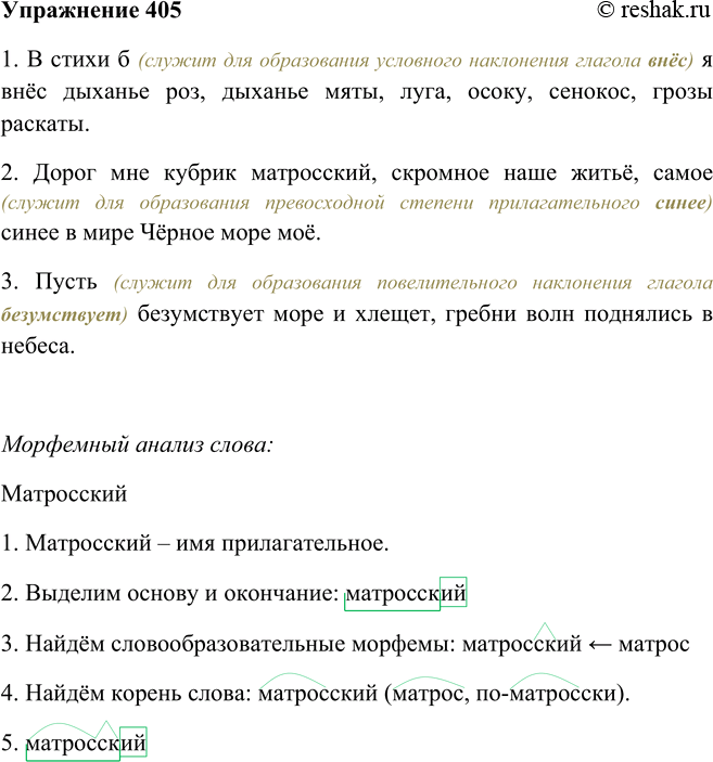 Решение задачи: 405. Прочитайте предложения. Пользуясь опорным материалом (с. 156), найдите частицы, с помощью которых образованы формы слов. 1. В стихи б я внёс дыханье роз, дыханье мяты, луга, осоку, сенокос, грозы раскаты.