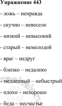 Решение задачи: 443. Подберите к словам синонимы с приставкой не-. Ложь, скучно, низкий, старый, враг, близко, медленный, плохо, беда. - ложь – неправда - скучно – невесело - низкий – невысокий - старый – немолодой - враг – недруг - близко – недалеко - медленный – небыстрый - плохо – нехорошо - беда – несчастье *Цитирирование задания со ссылкой на учебник производится исключительно в учебных целях для лучшего понимания разбора решения задания.