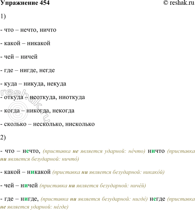 Решение задачи: 454. 1. Образуйте от местоимений (если возможно) новые слова с помощью приставок не- и ни-. Что, какой, чей, где, куда, откуда, когда, сколько.