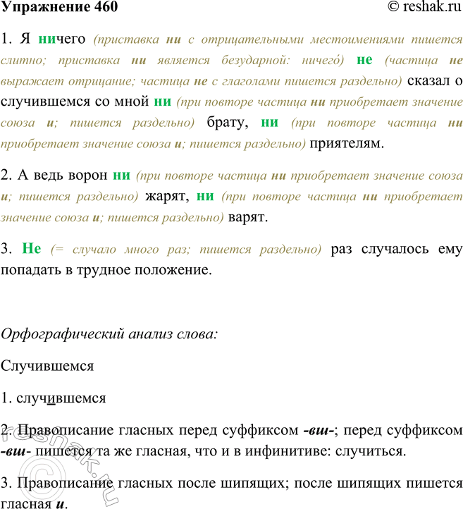 Решение задачи: 460. Спишите предложения, объясняя, в каких случаях пишется не, а в каких — ни. 1. Я (не, ни) чего (не, ни) сказал о случившемся6 со мной (не, ни) брату, (не, ни) приятелям.