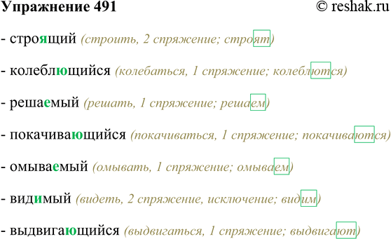Решение задачи: 491. Выберите гласные в суффиксах причастий. Как вы решаете орфографические задачи? Строющий, колеблящийся, решаемый, покачиювающийся, омываемый, видимый, выдвигающийся. - строящий (строить, 2 спряжение;