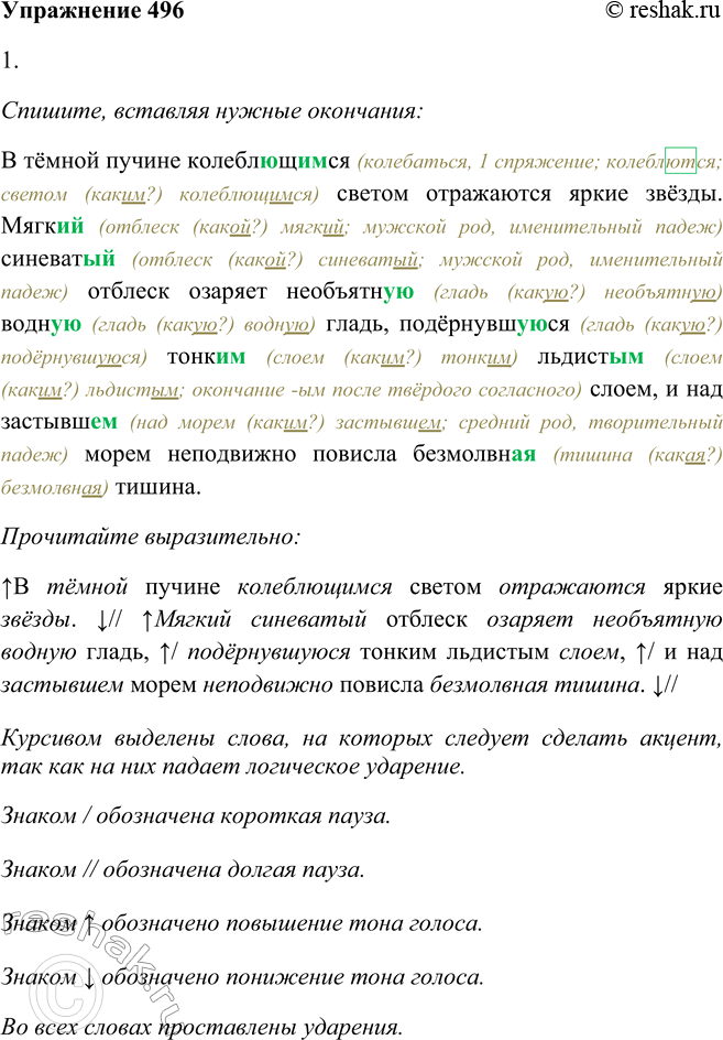 Решение задачи: 496. 1. Спишите, вставляя нужные окончания, а затем прочитайте отрывок, используя памятку 1. Спишите, вставляя нужные окончания: В тёмной пучине колеблющимся (колебаться, 1 спряжение;