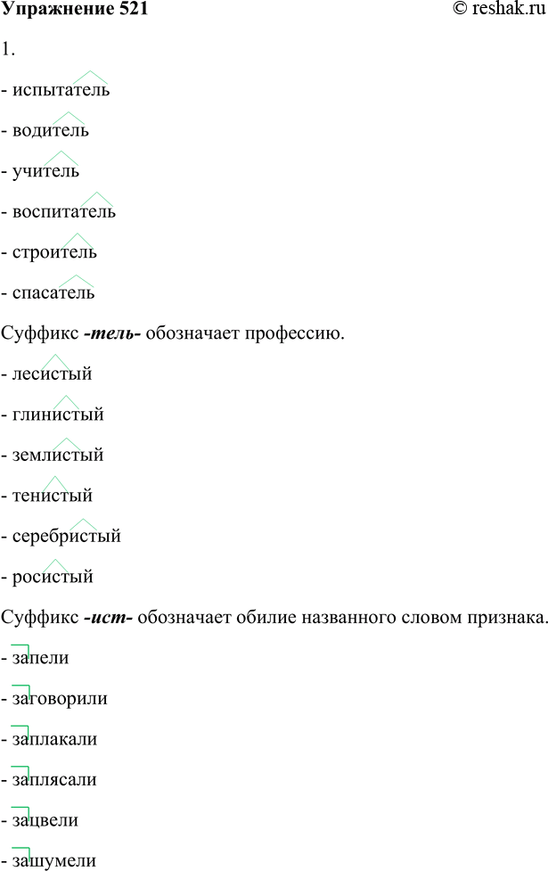Решение задачи: 521. 1. Определите значение приставок и суффиксов в словах. 0-т Приведите свои примеры с теми же морфемами. Испытатель, водитель, учитель; лесистый, глинистый, землистый;