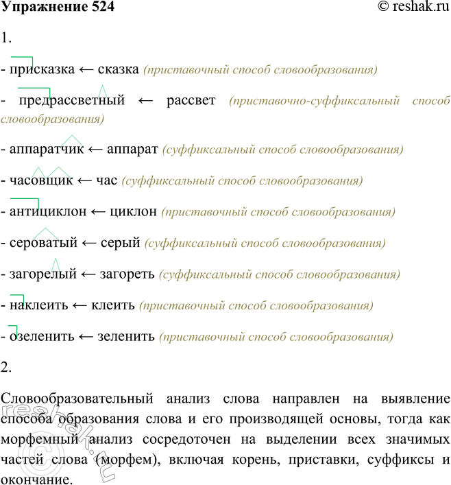 Решение задачи: 524. 1. Произведите словообразовательный анализ слов. Присказка, предрассветный, аппаратчик, часовщик, антициклон, сероватый, загорелый, наклеить, озеленить. - присказка - предрассветный - аппаратчик - часовщик - антициклон - сероватый - загорелый - наклеить - озеленить 2.