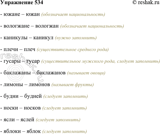 Решение задачи: 534. Запишите имена существительные, употребив их в форме родительного падежа множественного числа, используйте при этом опорный материал. Южане, вологжане, каникулы, плечи, гусары, баклажаны, лимоны, будни, носки, ясли, яблоки.
