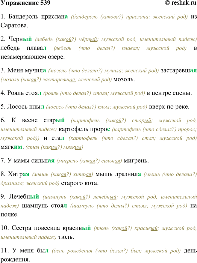 Решение задачи: 539. Вставьте, где нужно, окончания. 1. Бандероль прислан., из Саратова. 2. Чёрн., лебедь плавал., в незамерзающем озере. 3. Меня мучил., заста-ревш..