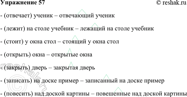 Решение задачи: 57. Укажите с помощью причастий признаки предметов по действию. Образец: (висят) таблицы — висящие таблицы. (Отвечает) ученик; (лежит) на столе учебник;