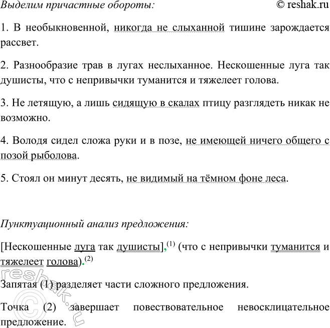 Решение задачи: 116. Спишите, раскрывая скобки. Выделите графически причастные обороты. 1. В (не) обыкновенной, (ни) когда (не) слыханной тишине зарождается рассвет. 2. Разнообразие трав в лугах (не) слыханное.