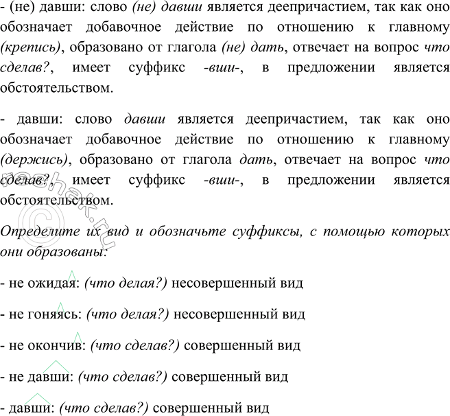 Решение задачи: 267. Спишите, подчёркивая деепричастия. Определите их вид и обозначьте суффиксы, с помощью которых они образованы. 1. Честь и слава тому, кто, не ожидая благодарности, не гоняясь за похвалами, выбирает трудный и благородный труд.