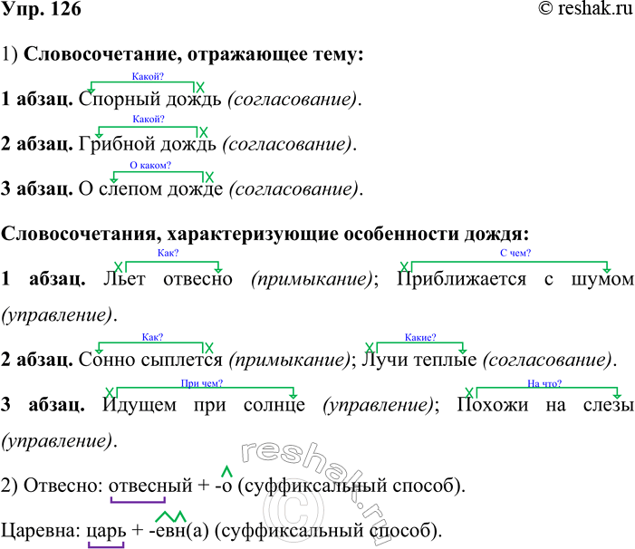 Решение задачи: 126. 1. Выпишите сначала словосочетания, отражающие тему каждого абзаца, а затем несколько словосочетаний, которые характеризуют особенности дождя. Обозначьте главное слово, в скобках укажите тип связи слов в каждом словосочетании.
