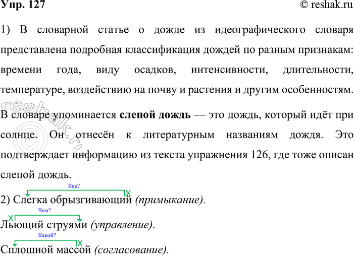 Решение задачи: 127. 1. Изучите словарную статью дождь идеографического словарика (см. часть 2 учебника). Какую информацию она содержит? Есть ли в ней упоминание о тех видах дождя, о которых говорится в тексте упр.