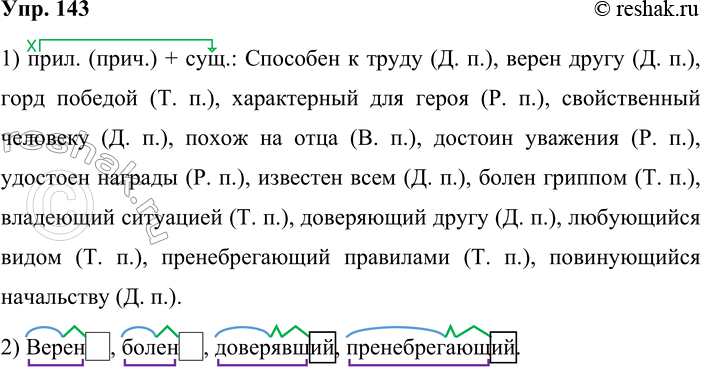 Решение задачи: 143. 1. Используя данные материалы, составьте словосочетания по схеме прил. (прич.) + сущ. Запишите словосочетания, затем прочитайте вслух. Запомните, с какими падежами существительных употребляются данные прилагательные.